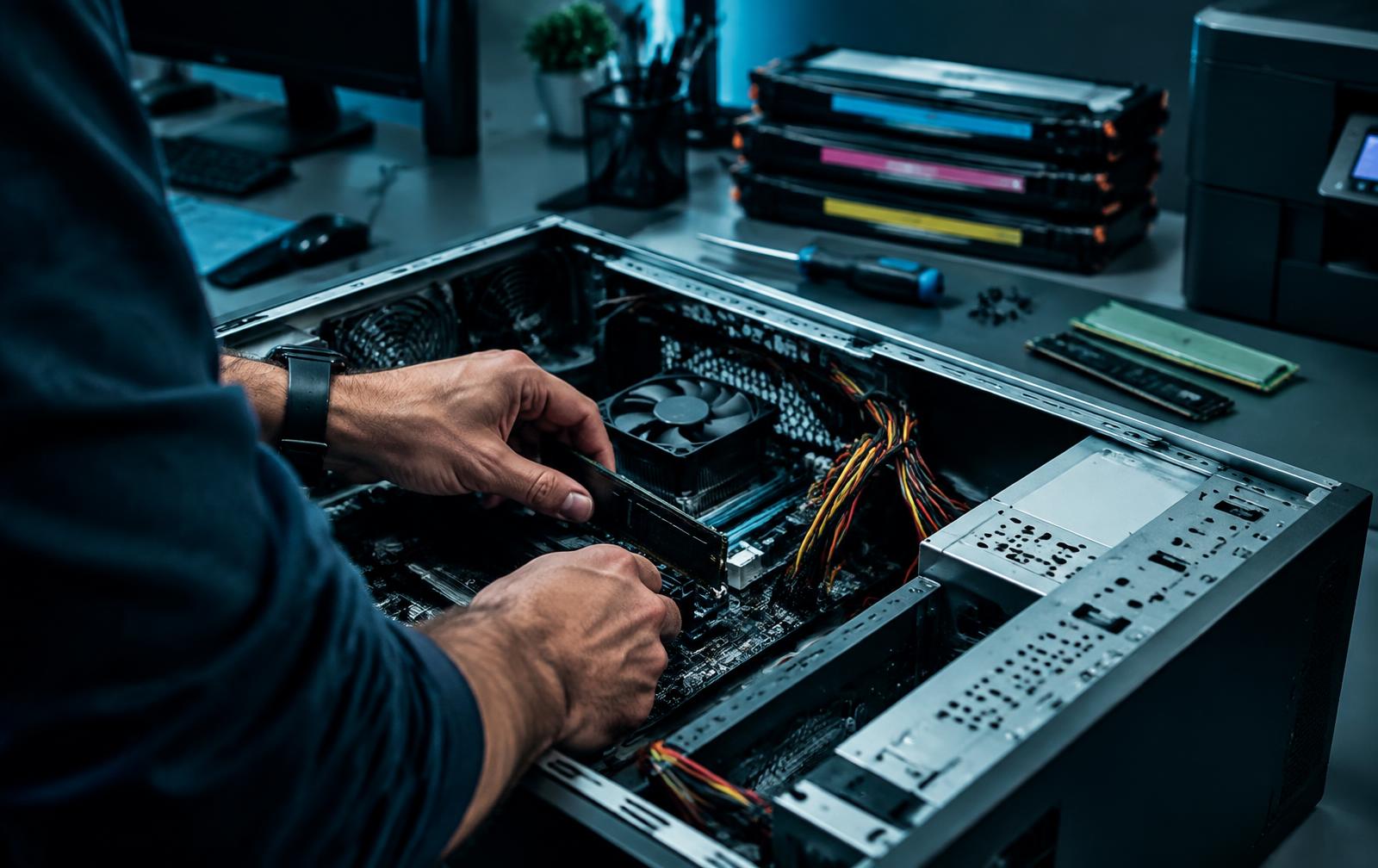 Technicien installant de la mémoire dans un PC